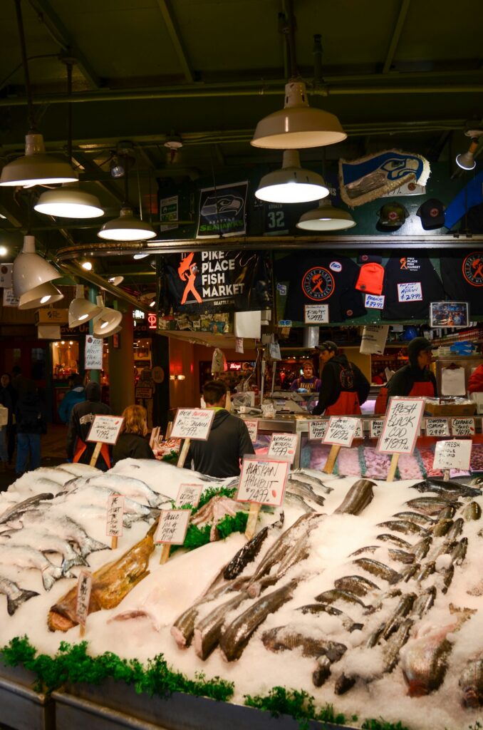 Fresh fish displayed on ice at a market